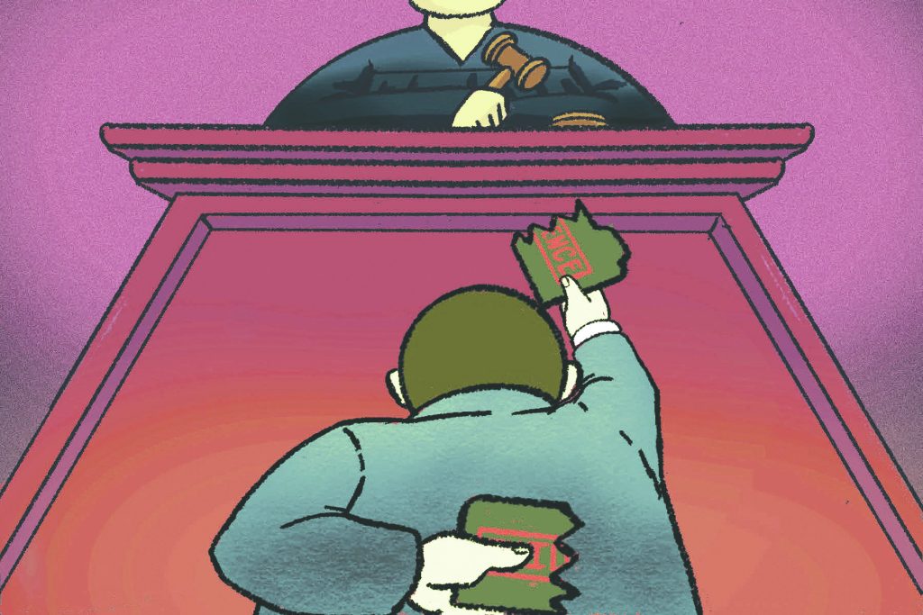 Illustration of lawyer handing a piece of paper titled "evidence" to a judge sitting on the bench.