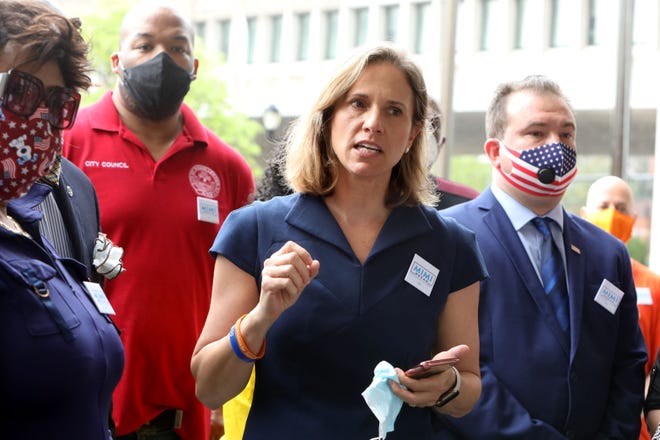 image of Mimi Rocah, Westchester District Attorney candidate at a press conference in June of 2020.