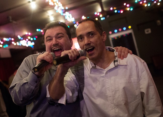 Jeff Deskovic and William Lopez sing at Karaoke Cave in downtown Manhattan in January.